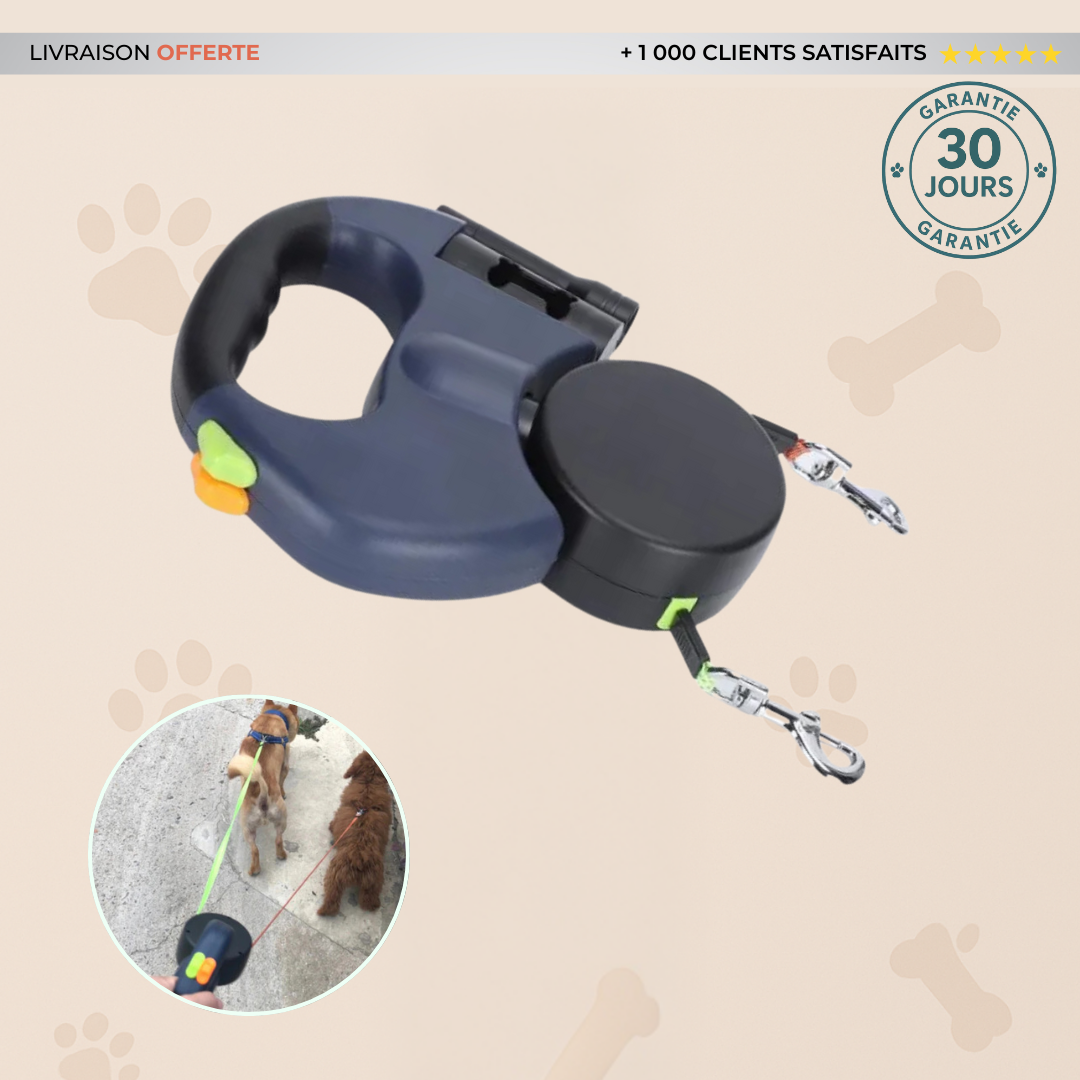 Laisse Rétractable Double pour Chiens – Rotation 360° sans Enchevêtrement